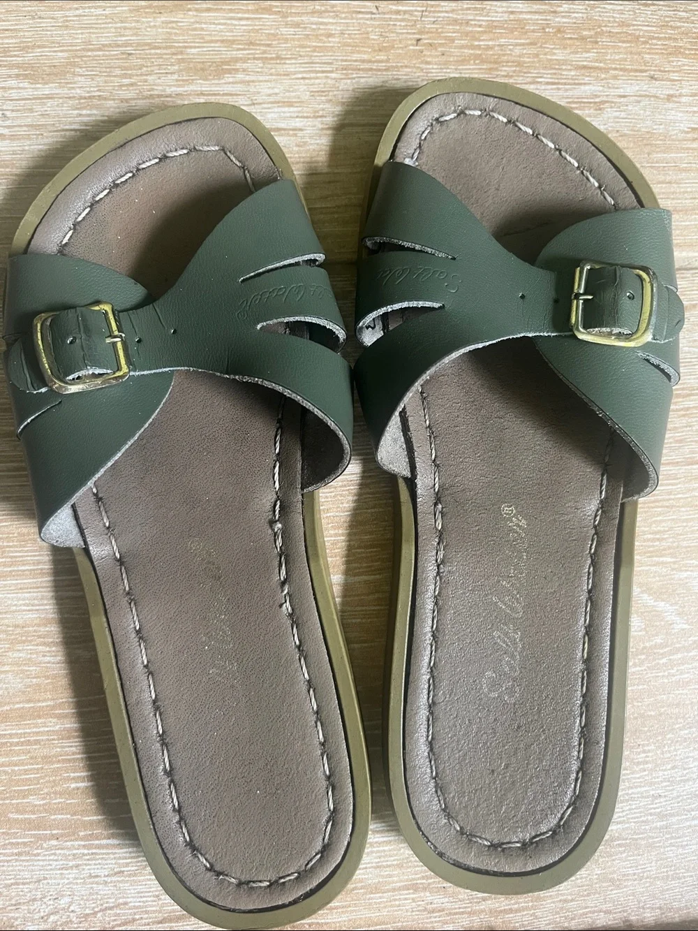 Salt Water Sandals by Hoy Olive Green Kids Slide Sandals with Gold Buckles